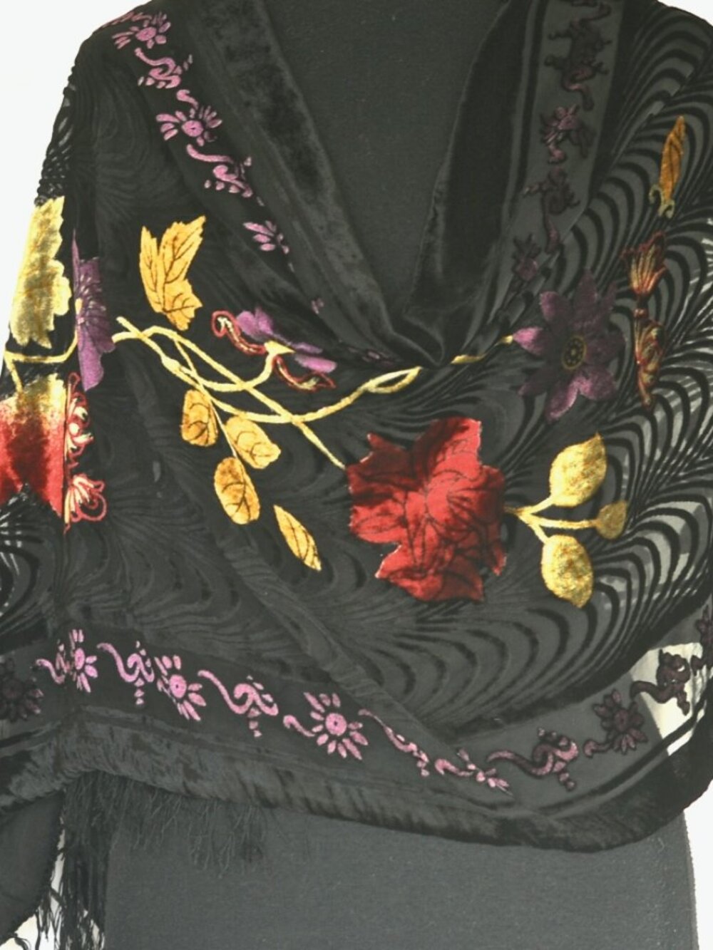 Silk Devore Burnout Velvet Scarf Or Shawl With Fringe